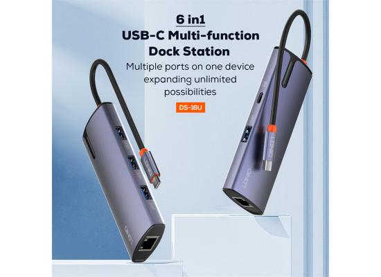 LDNIO DS-16U Type-c Docking Station 6 in 1 To USB PD Power USB3.1 Multi-port USB C Hub RJ45 Mac Book Pc USB Hub - Gray